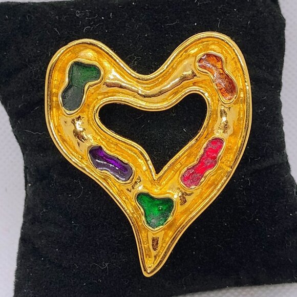 Vtg Edouard Rambaud Paris Hammered Gold Tone Heart w/Colorful Gripoix Enamel - Picture 2 of 7